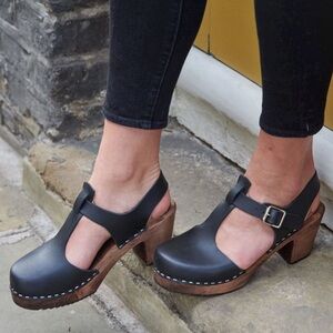 Lotta From Stockholm Highwood t-bar clogs. Black on brown base 7.5